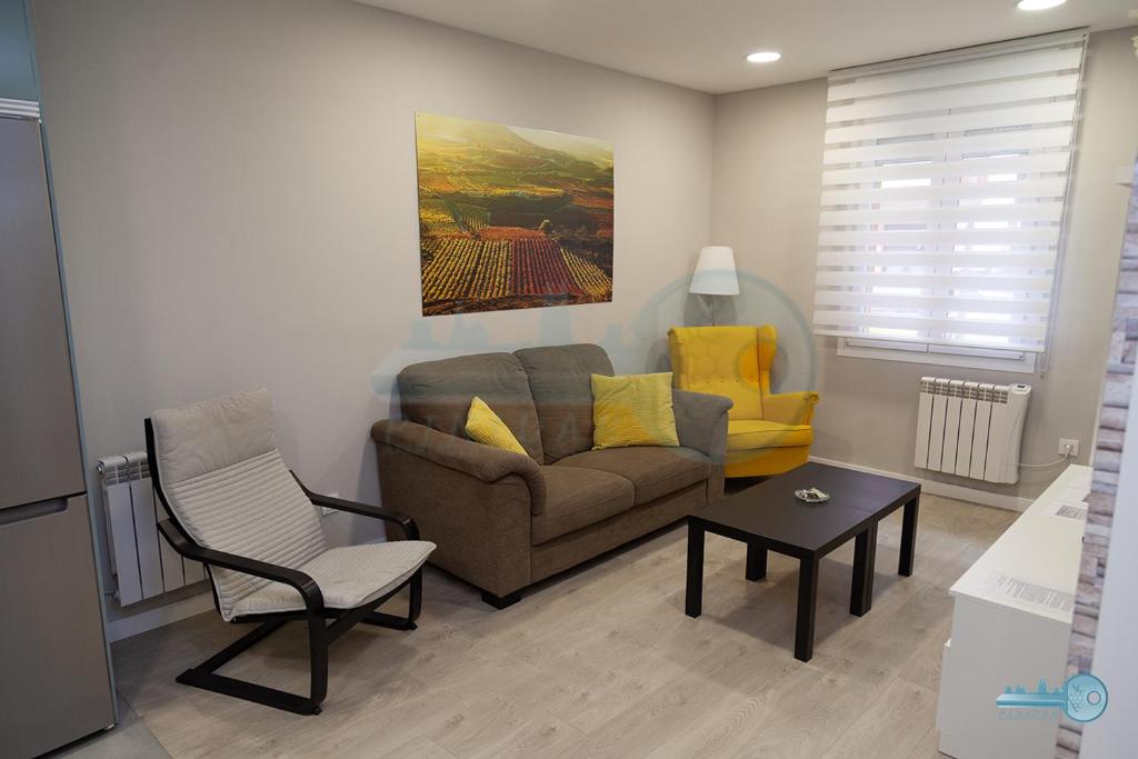 - un salon avec un canapé et une chaise dans l'établissement Apart A 5 min de Laurel coqueto y en pleno centro Vivienda de uso Turistico, à Logroño