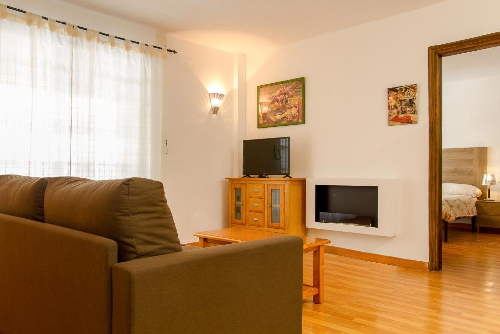 ein Wohnzimmer mit einem Sofa und einem TV in der Unterkunft Refugi d Inclès 1 habitación in El Tarter