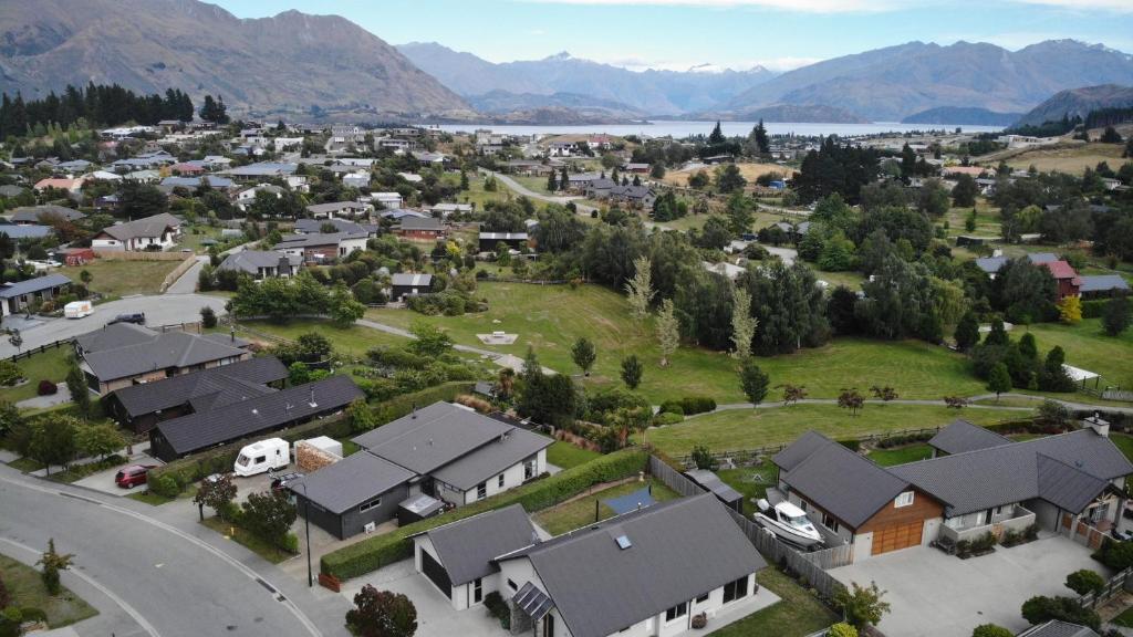 an aerial view of a small town with houses at The White Room in Wanaka