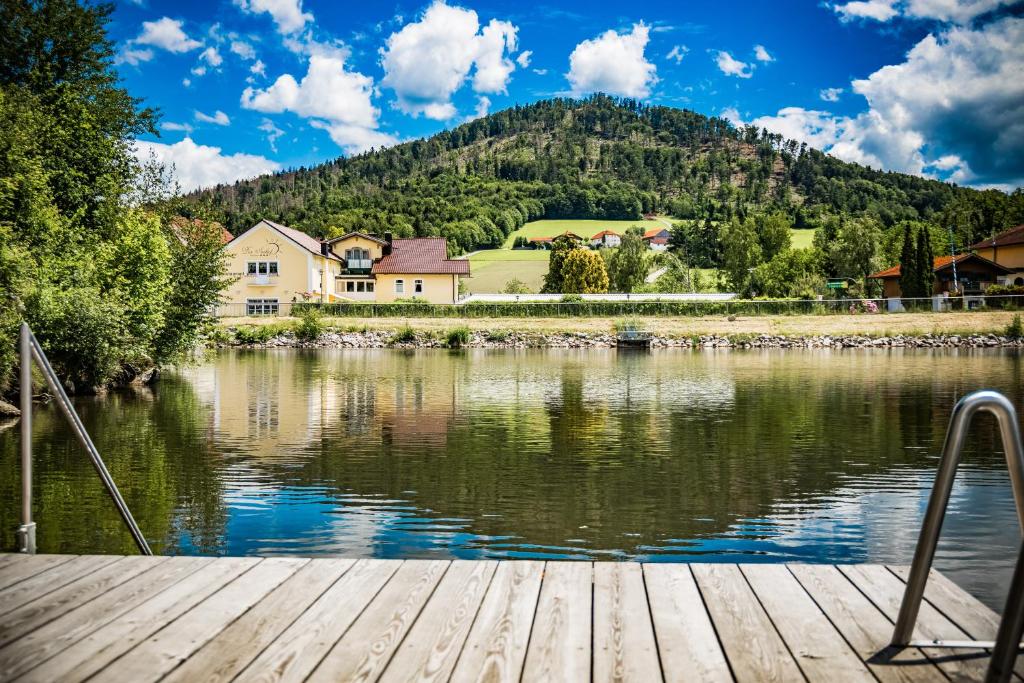 ハウツェンベルクにあるHotel Der Seehofの家と山のある湖の景色