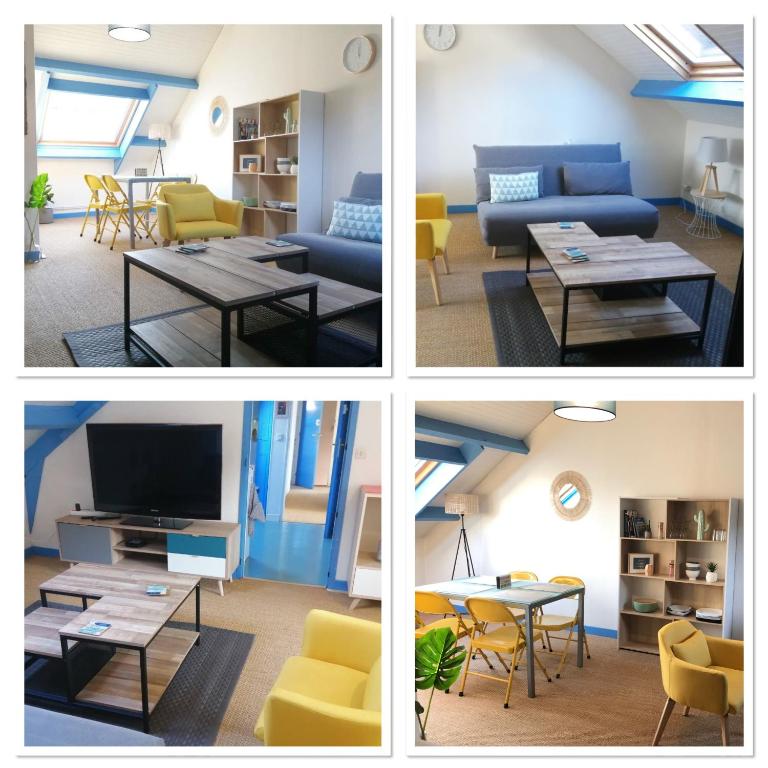 four pictures of a living room with a couch and a table at Grand et Charmant 3 pièces Breton Saint Brieuc Centre in Saint-Brieuc