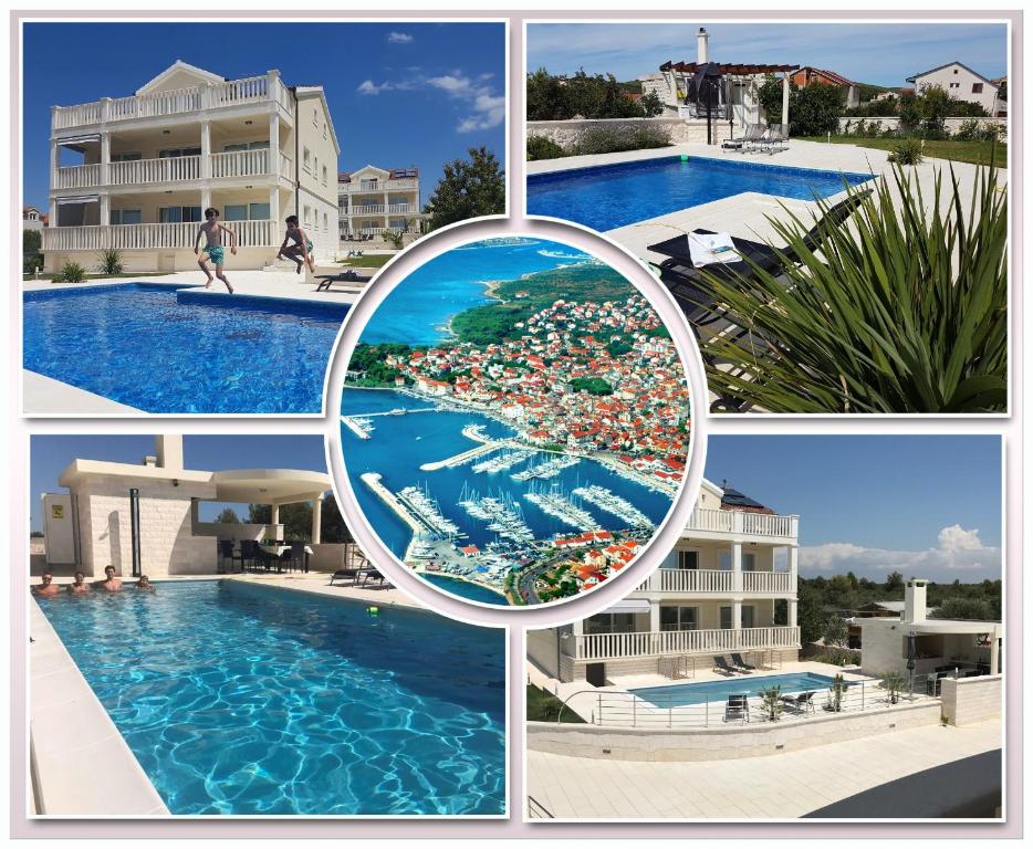 uma colagem de fotografias de uma piscina e de um resort em Villa Bachelor Apartments em Vodice