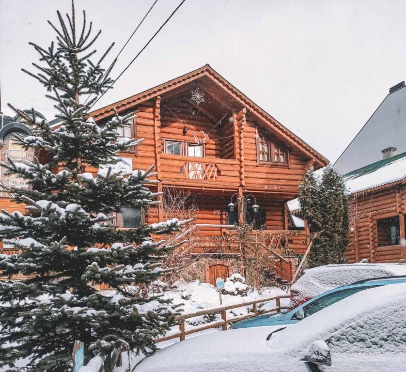 una cabaña de madera con un árbol de Navidad delante de él en Synya Gora en Bukovel
