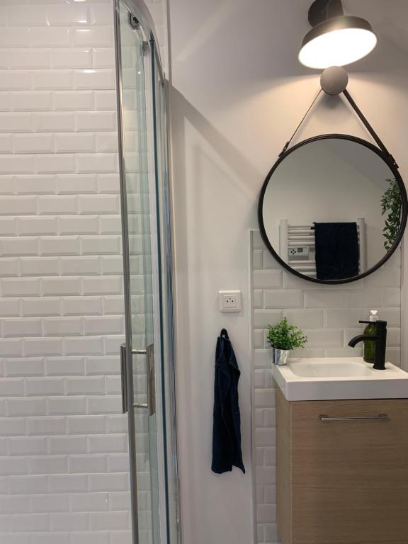 a bathroom with a shower and a sink and a mirror at BLUE MOON in Saint-Nazaire