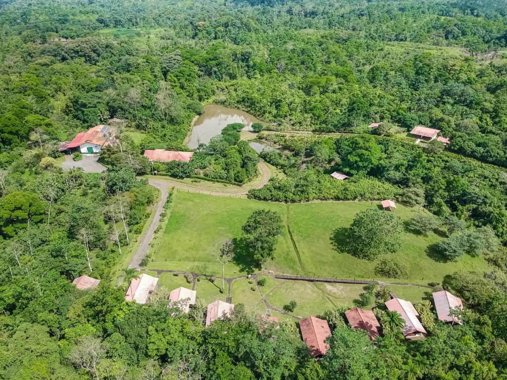 an aerial view of a house in the forest at La Anita Rain Forest in Colonia Dos Ríos