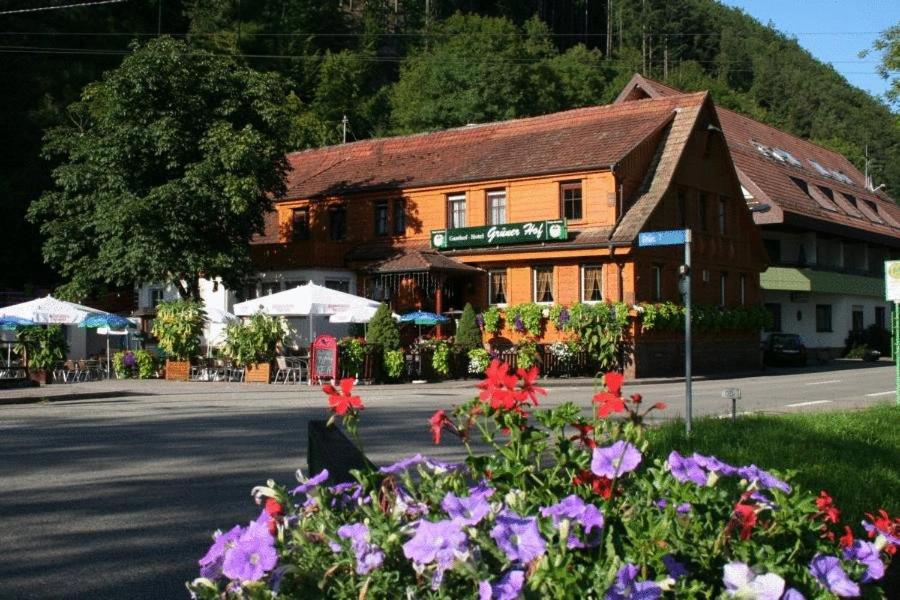 a building with flowers on the side of a street at Grüner Hof in Zell am Harmersbach