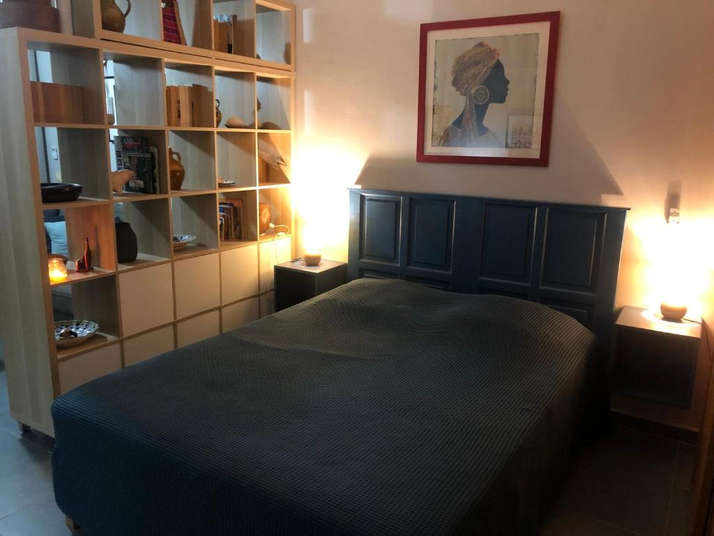 a bedroom with a bed and a book shelf at Beautiful Ground Floor, Seaside Studio Flat in Le Moule