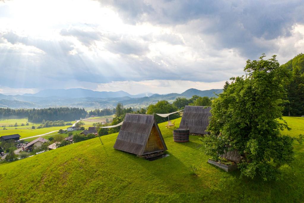 Deux cabanes au sommet d'une colline verdoyante dans l'établissement Glamping - Ekološka kmetija Kozman, à Žalec