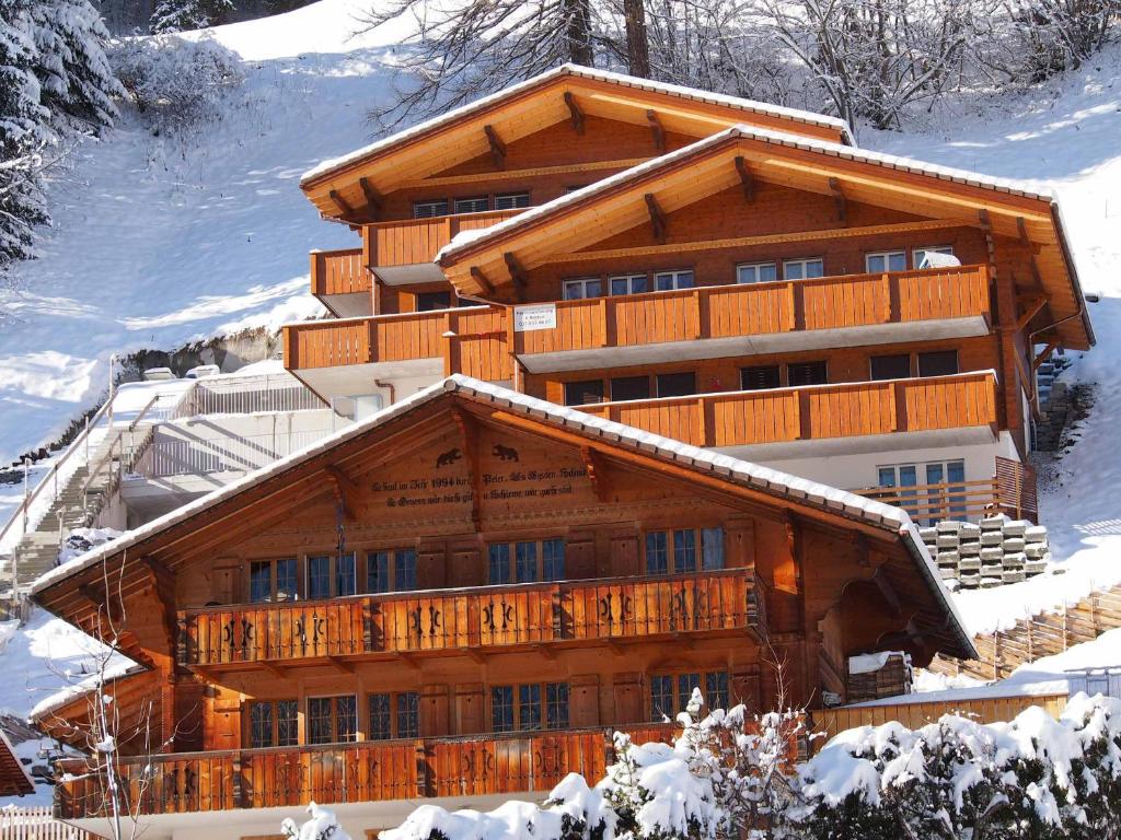 ein großes Holzgebäude im Schnee in der Unterkunft Ferienwohnung Margeli in Adelboden