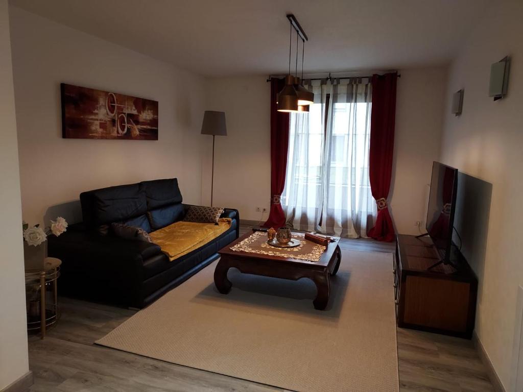 - un salon avec un canapé et une table basse dans l'établissement Residence du Vieux Chateau jardin & parking gratuit, à Mulhouse
