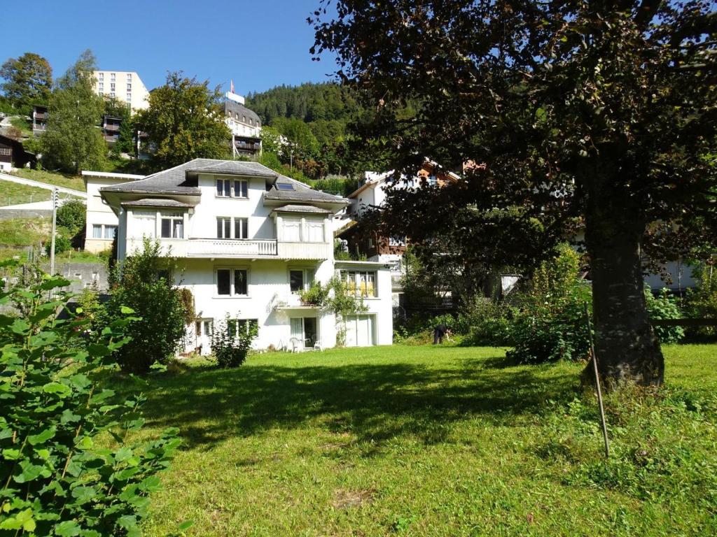 ein weißes Haus mit einem Baum auf dem Feld in der Unterkunft Apartment Bergfried by Interhome in Engelberg