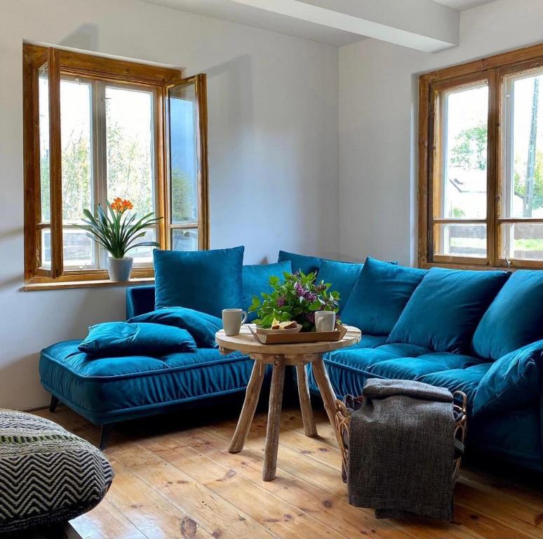 a living room with a blue couch and a table at Moje Podlasie - Dom w Siemichoczach in Siemiatycze