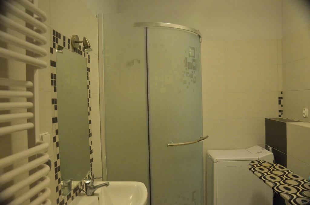 a bathroom with a shower and a sink at Apartament Żagiel in Gdańsk
