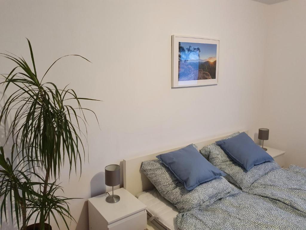 a living room with a couch and a plant at Ferienwohnung Kleine Südpfalz in Zeiskam