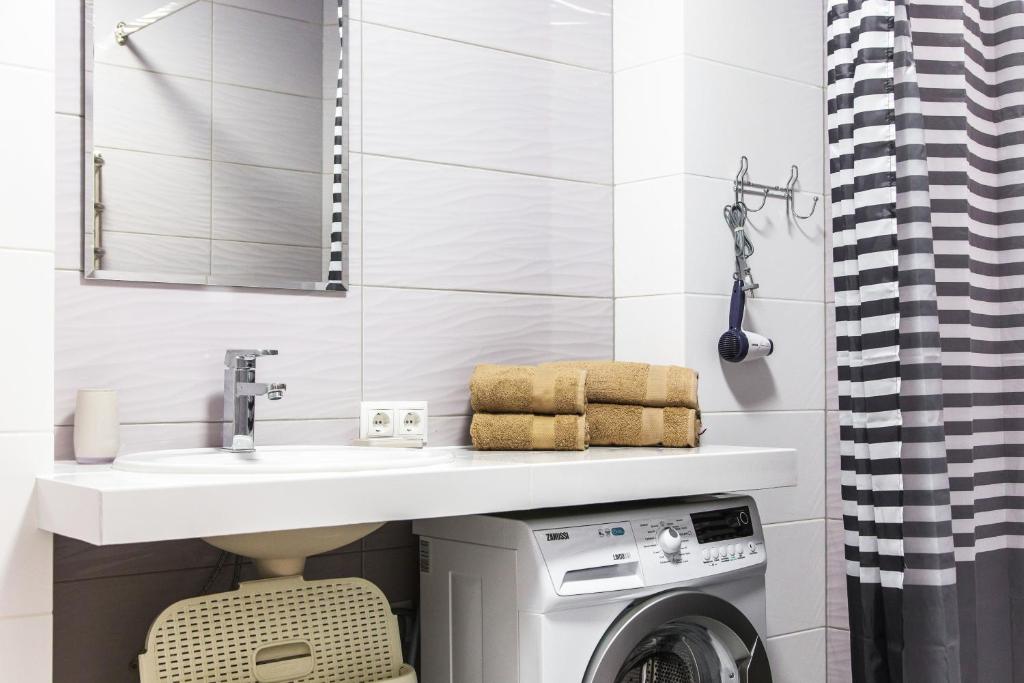 a bathroom with a sink and a washing machine at Apartments Roksolany 16 in Truskavets