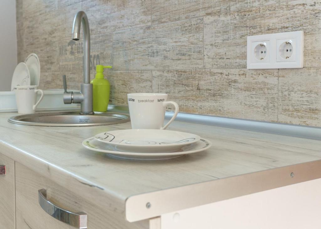 a kitchen counter with a coffee cup and a sink at Authentic Odessa Dacha in Odesa