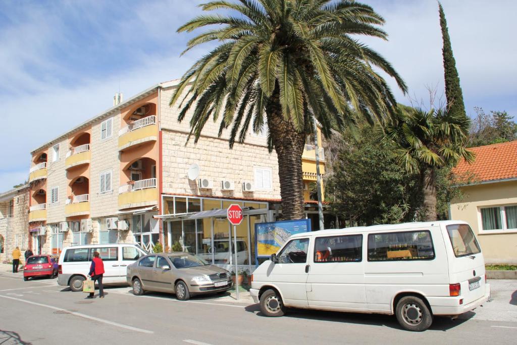 ein weißer Van auf einer Straße mit einer Palme geparkt in der Unterkunft Guest House Katić in Trpanj