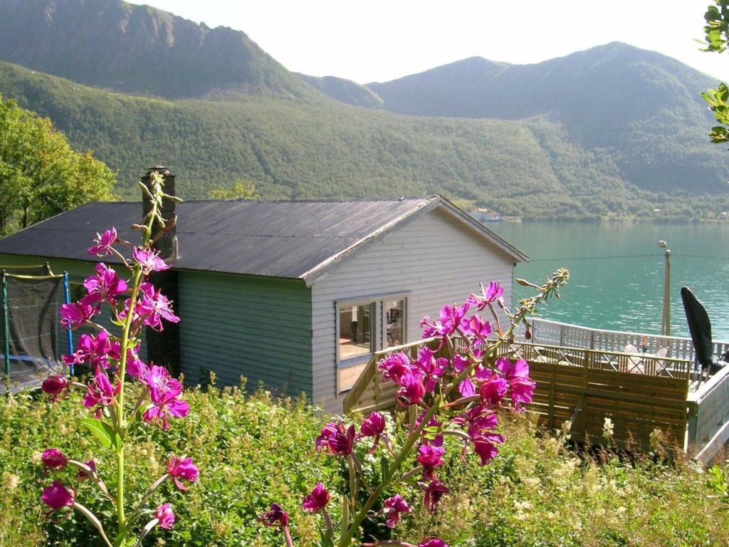 a house with purple flowers in front of a lake at 10 person holiday home in Kaldfarnes in Sifjord