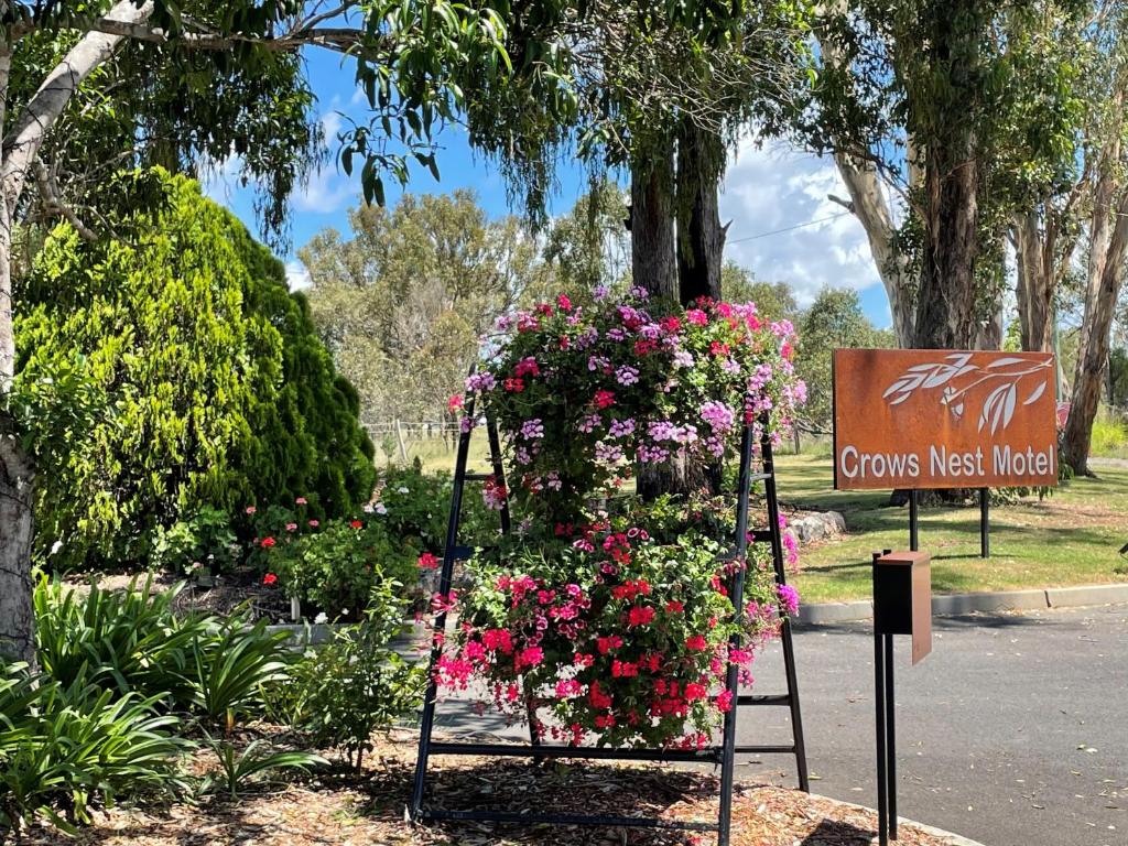 a display of flowers in a park with a sign at Crows Nest Motel in Crows Nest