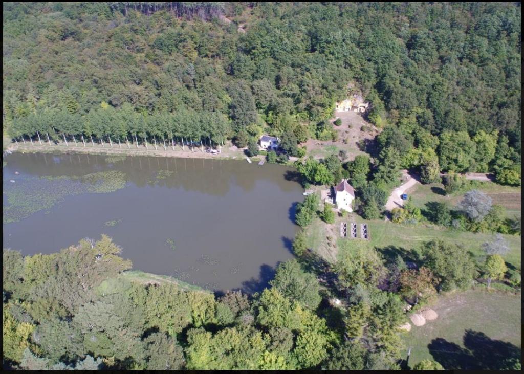an aerial view of a lake with a house and trees at bateau du moulin girault in Panzoult