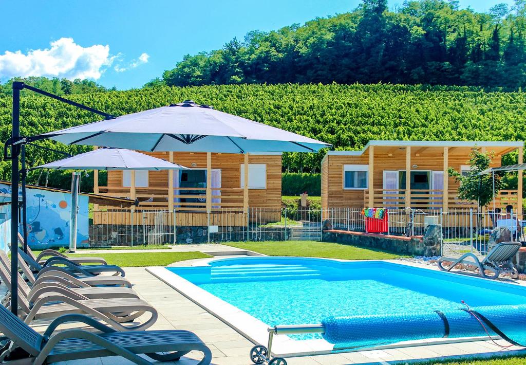 a pool with chairs and an umbrella and a house at Saksida Holiday Park in Zalošče
