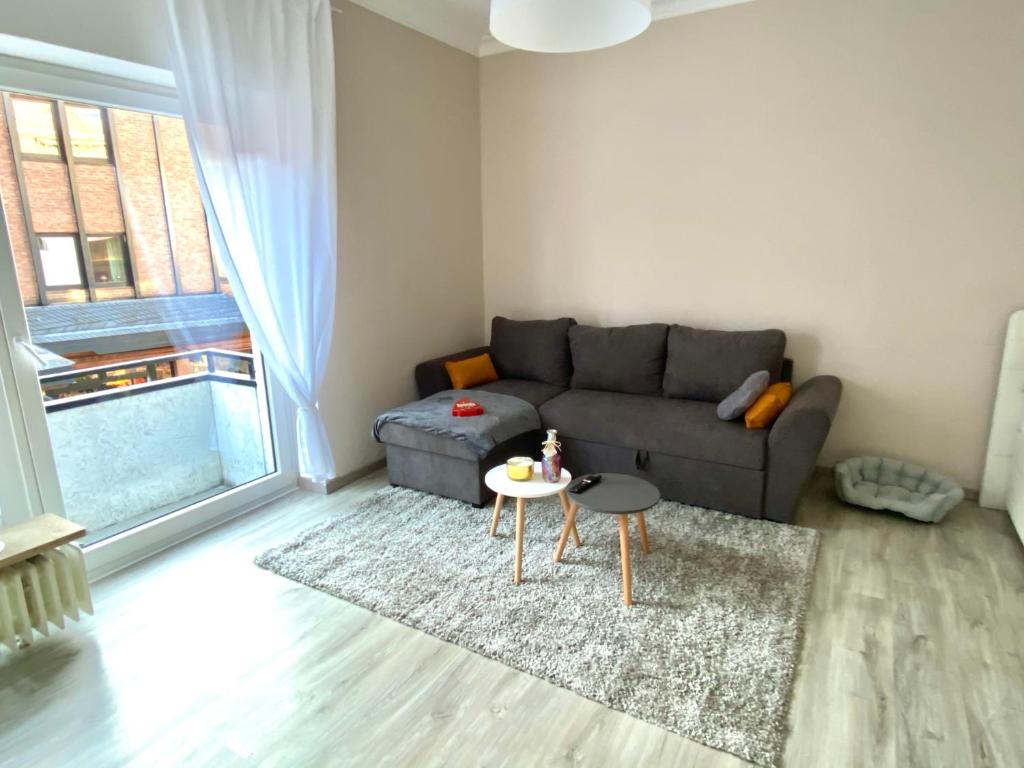 sala de estar con sofá y mesa en Apartment im Herzen von Bad Salzuflen am Kurpark, en Bad Salzuflen