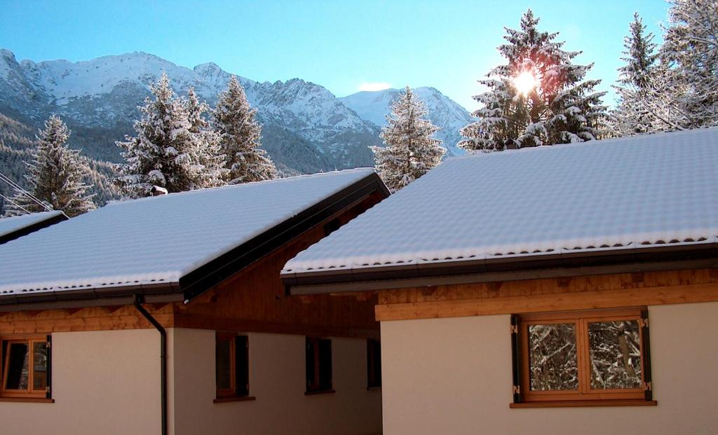 a house with snow covered roofs with mountains in the background at Chalet Presanella in Temù