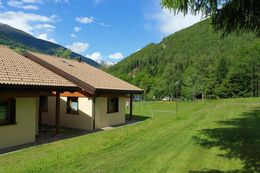 a building with a grass field next to a mountain at Chalet Presanella in Temù