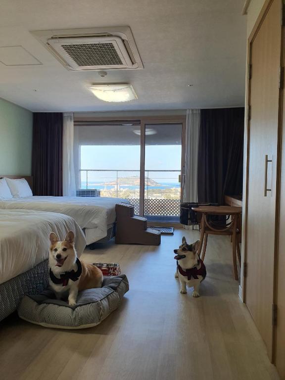 Postel nebo postele na pokoji v ubytování Hi Jeju Hotel