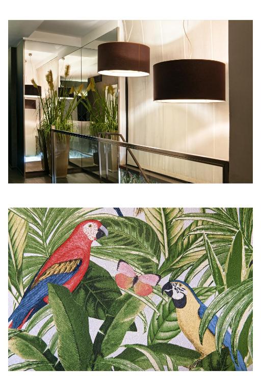two pictures of a room with a painting of birds at Hotel Salus in Pescara