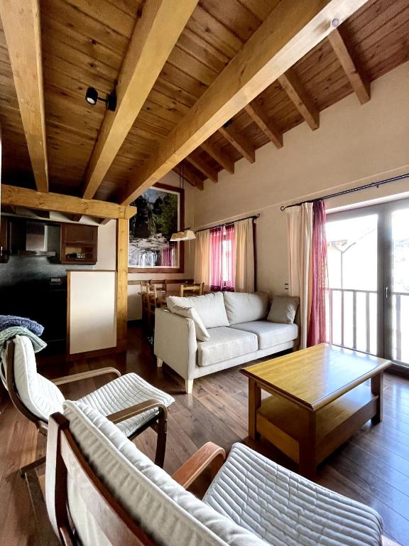 Una sala de estar con dos sofás y una mesa. en Apartaments Gran Vall, en La Molina