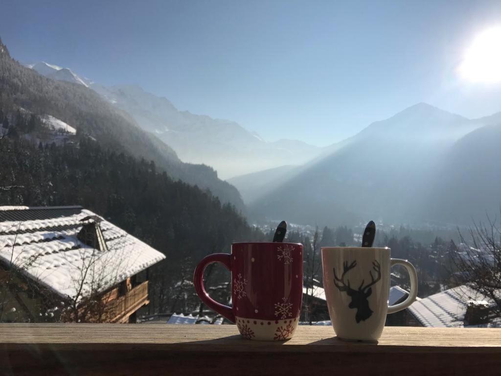 dos tazas de café sentadas en una cornisa con vistas en Chalet du grand cerf, en Servoz