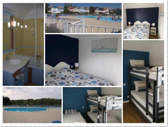 een collage van foto's van een slaapkamer en een zwembad bij Maison Vendée 2ch piscine wifi in Talmont