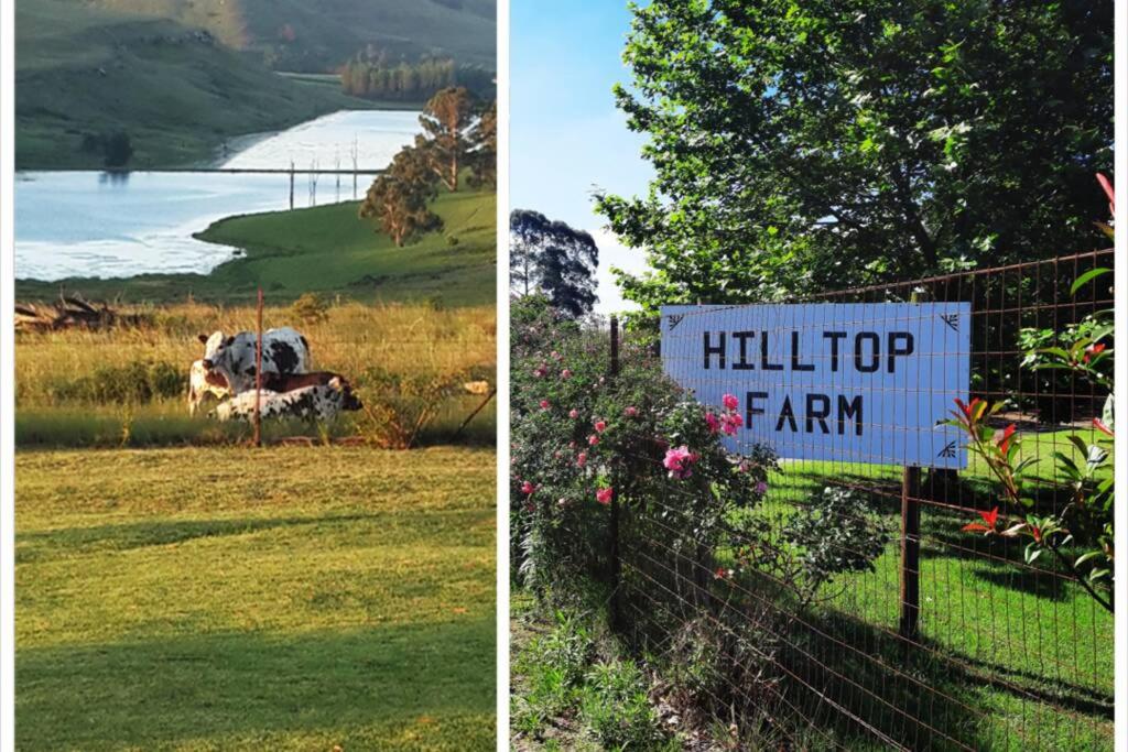 two pictures of a field with a sign and a cow at Hilltop Farm Valley View Cottage in Rosetta