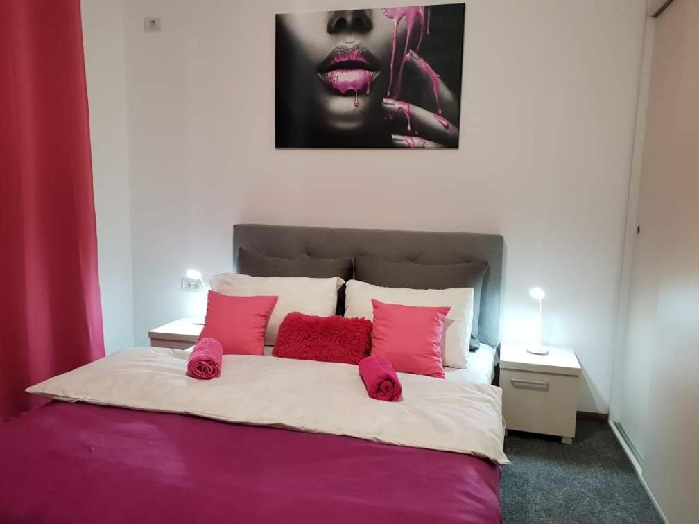 um quarto com uma cama grande e almofadas cor-de-rosa em Apartament Cristian em Arad