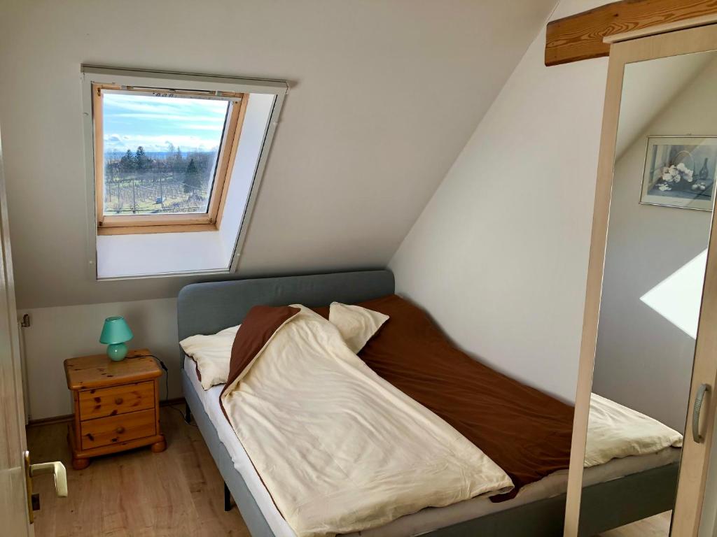 Bett in einem kleinen Zimmer mit Fenster in der Unterkunft Güns Vendégház in Szigliget