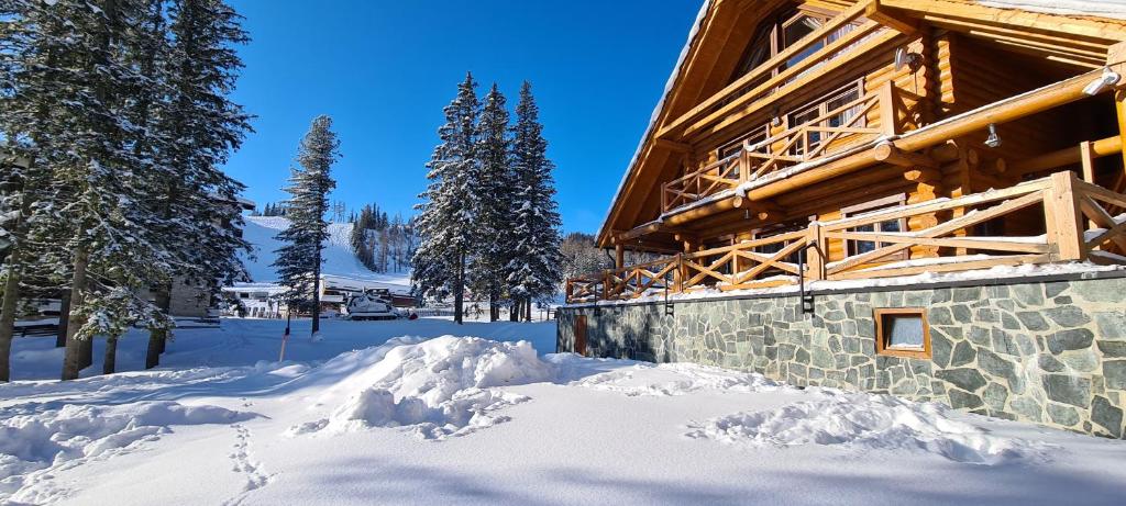 a log cabin in the snow with a pile of snow at High Tatras Chalet in Štrbské Pleso