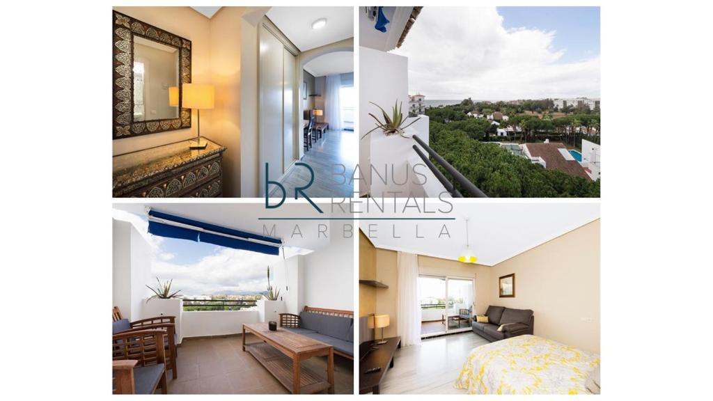 un collage de fotos de un dormitorio y una sala de estar en Studio, with Sea View, in Medina Garden - Puerto Banús, en Marbella