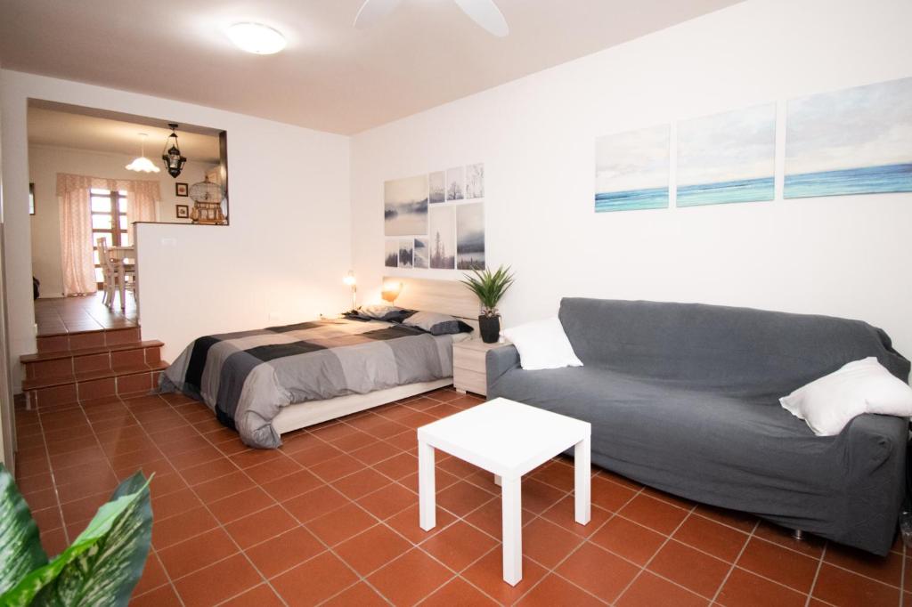 ein Wohnzimmer mit einem Sofa und einem Bett in der Unterkunft Appartamenti Caterina in Montinelle