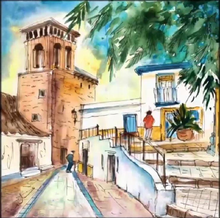 una pintura de una calle con un edificio en La Casa del Cine en Níjar, en Níjar