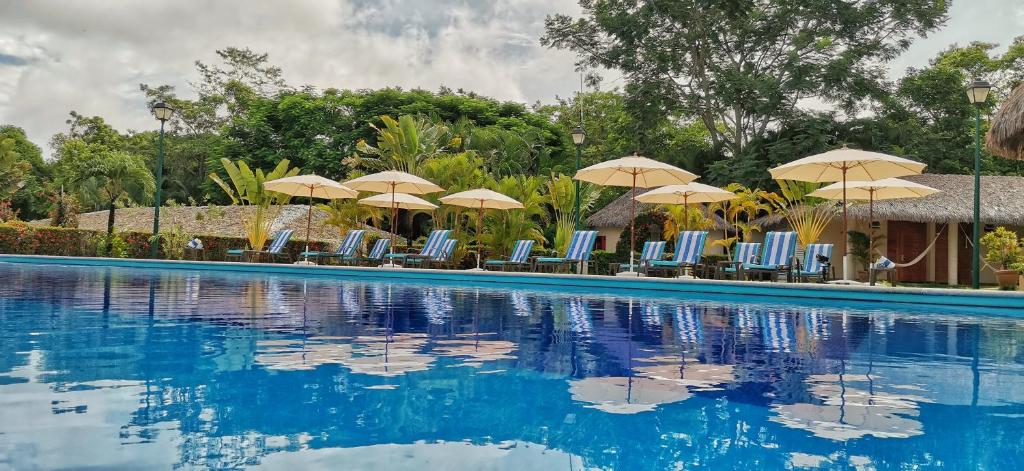 a swimming pool with chairs and umbrellas at Hotel Villa Mercedes Palenque in Palenque
