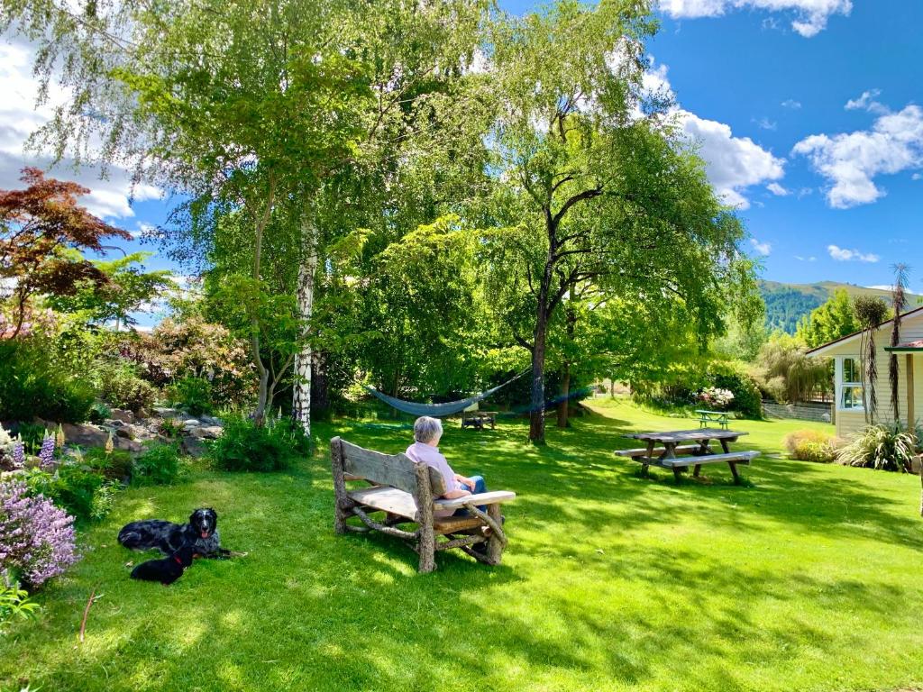 a man sitting on a park bench next to a dog at Tailor Made Tekapo Accommodation - Guesthouse & Hostel in Lake Tekapo