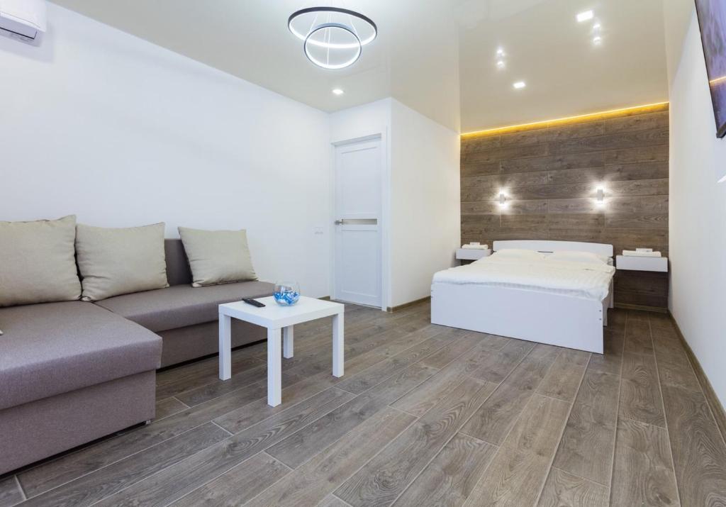 ein Wohnzimmer mit einem Sofa und einem Bett in der Unterkunft Apartments on Kopernyka in Kiew
