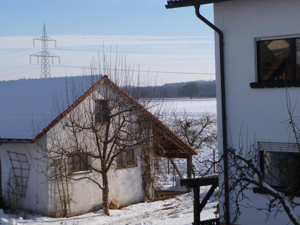 stary dom z drzewem w śniegu w obiekcie Haus Lissi w mieście Bad Füssing