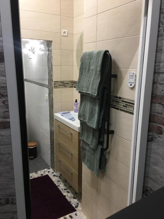 a bathroom with a sink and a shower with green towels at Chambre D'hôte Villa Maurice in Étretat