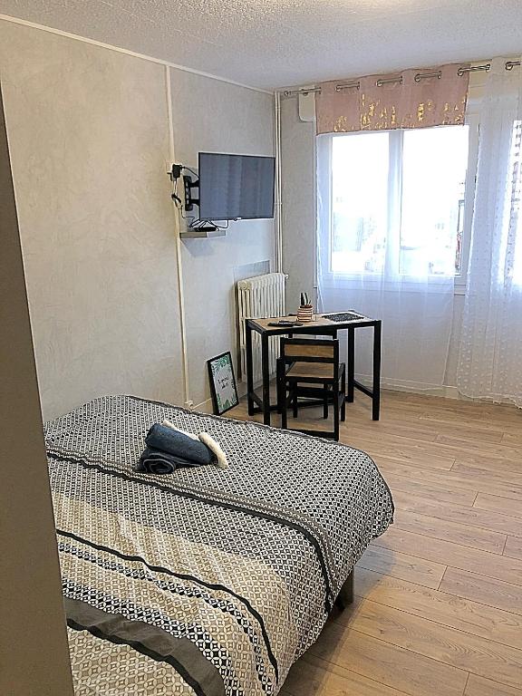 - une chambre avec une table, un lit, une table et une chaise dans l'établissement appartement Caen, à Caen