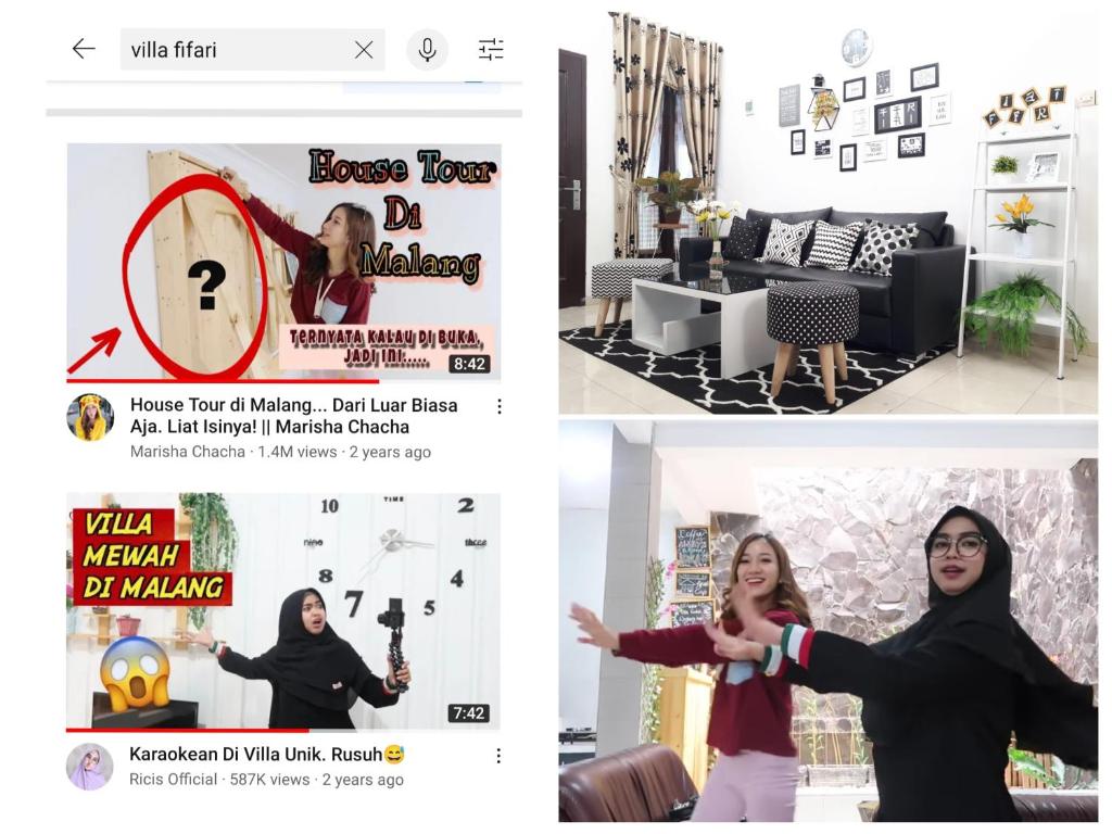 un collage de dos fotos de una mujer en una sala de estar en Villa Fifari - 5 Kamar Tidur, 3 Kamar Mandi, en Batu