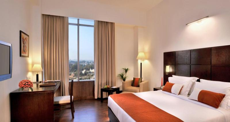 una camera d'albergo con un grande letto e una grande finestra di Comfort Inn Tulip Heights a Bathinda