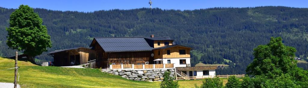 a large house on top of a green hill at Gut Maierlehen in Radstadt