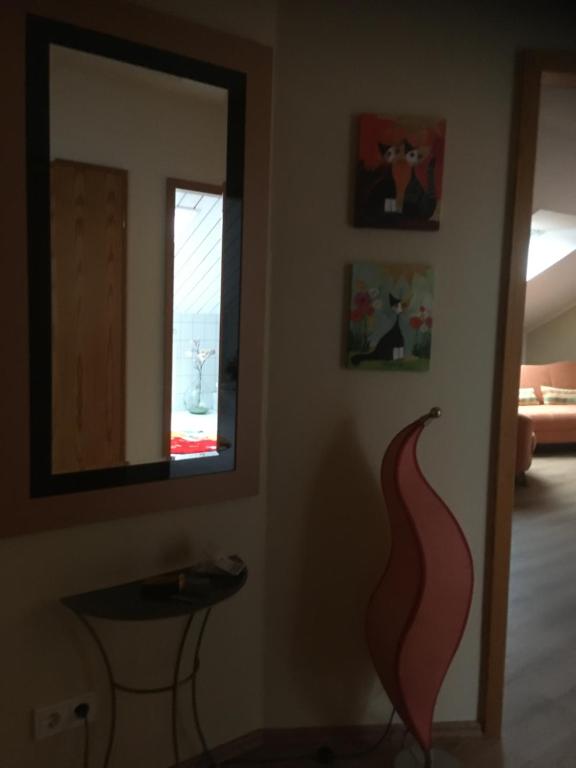 um quarto com um espelho, uma mesa e uma janela em Feriendomizil Nr. 3 em Homburg